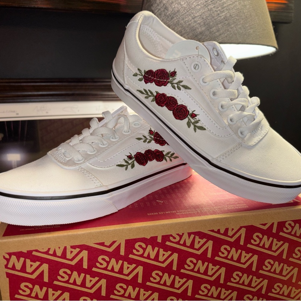 Vans Women's White Sneakers with Red Floral Embroidery